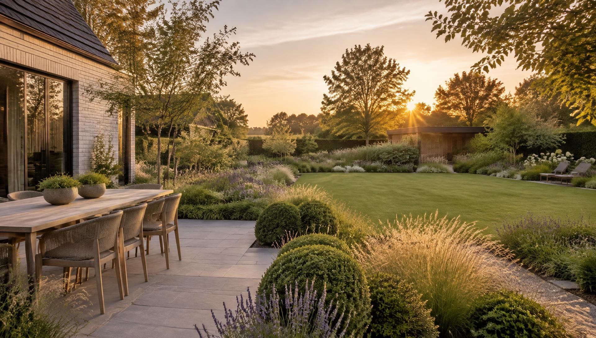 Aangelegde tuin bij zonsondergang